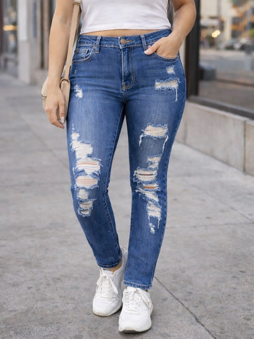Fashion Nova Distressed Jeans Size 7 28 NWT High Rise Skinny Medium Wash